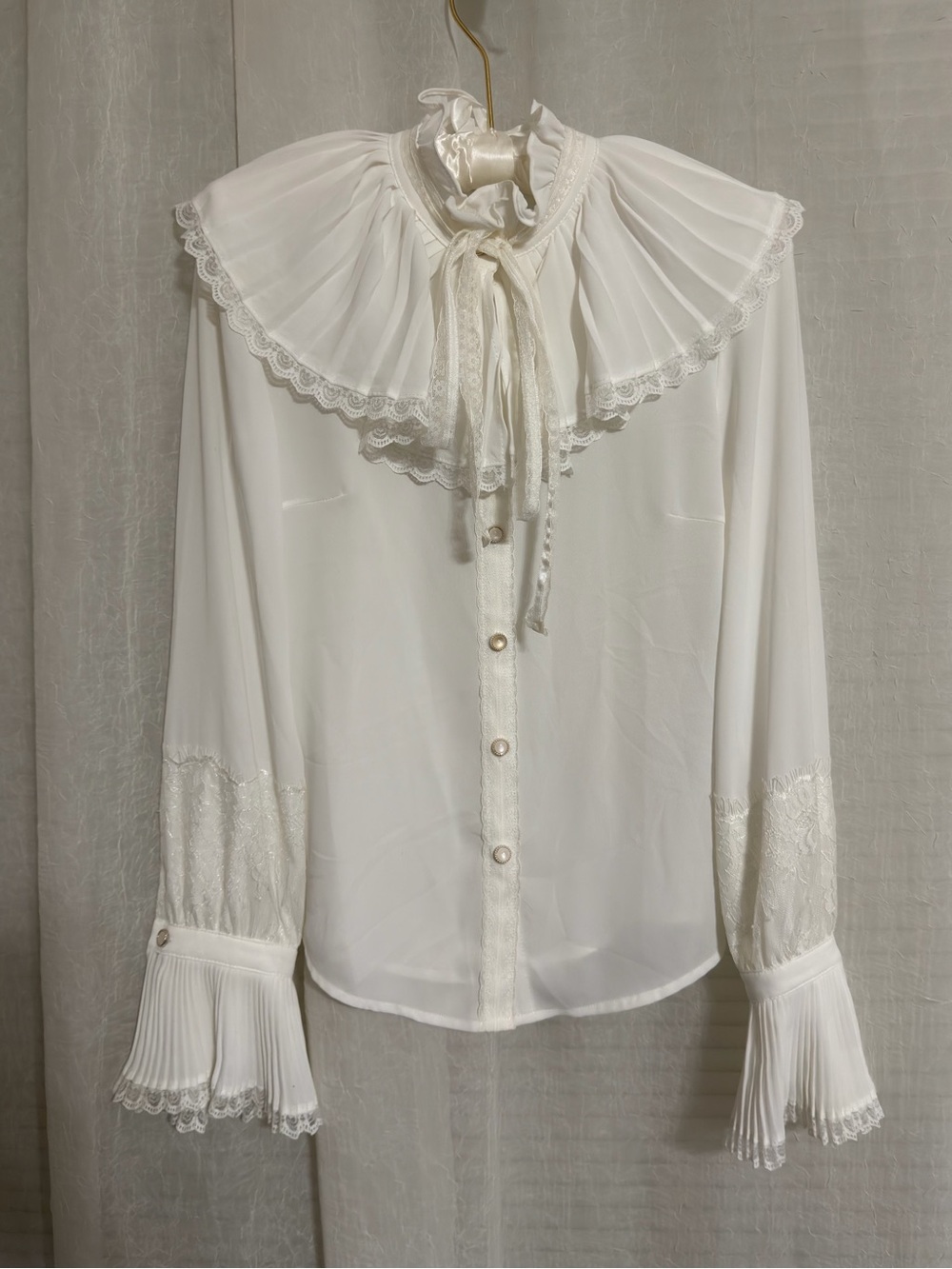 Vintage S Victorian Pleated Collar French Lace Tie Cuffs White Ivory Blouse